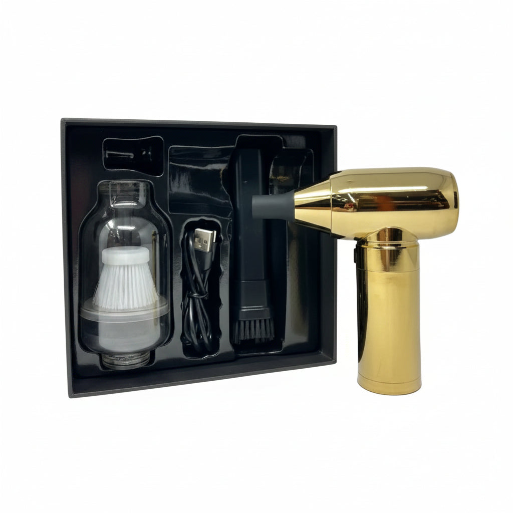 Crossgun electric cordless mini barber strong jet turbo fan air duster gold- with integrated vacuum cleaner accessory