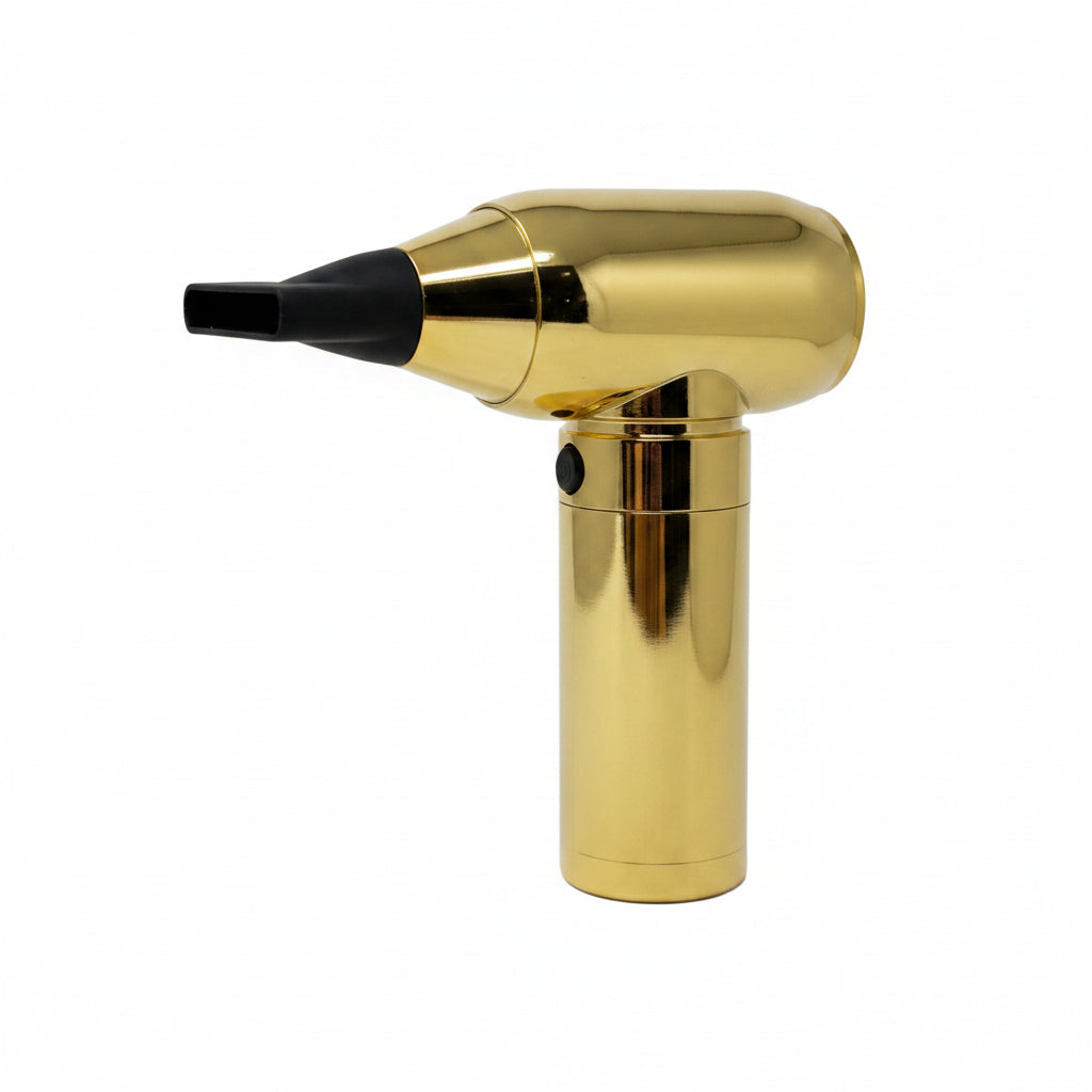 Electric cordless mini barber strong jet turbo fan air duster gold- with integrated vacuum cleaner accessory