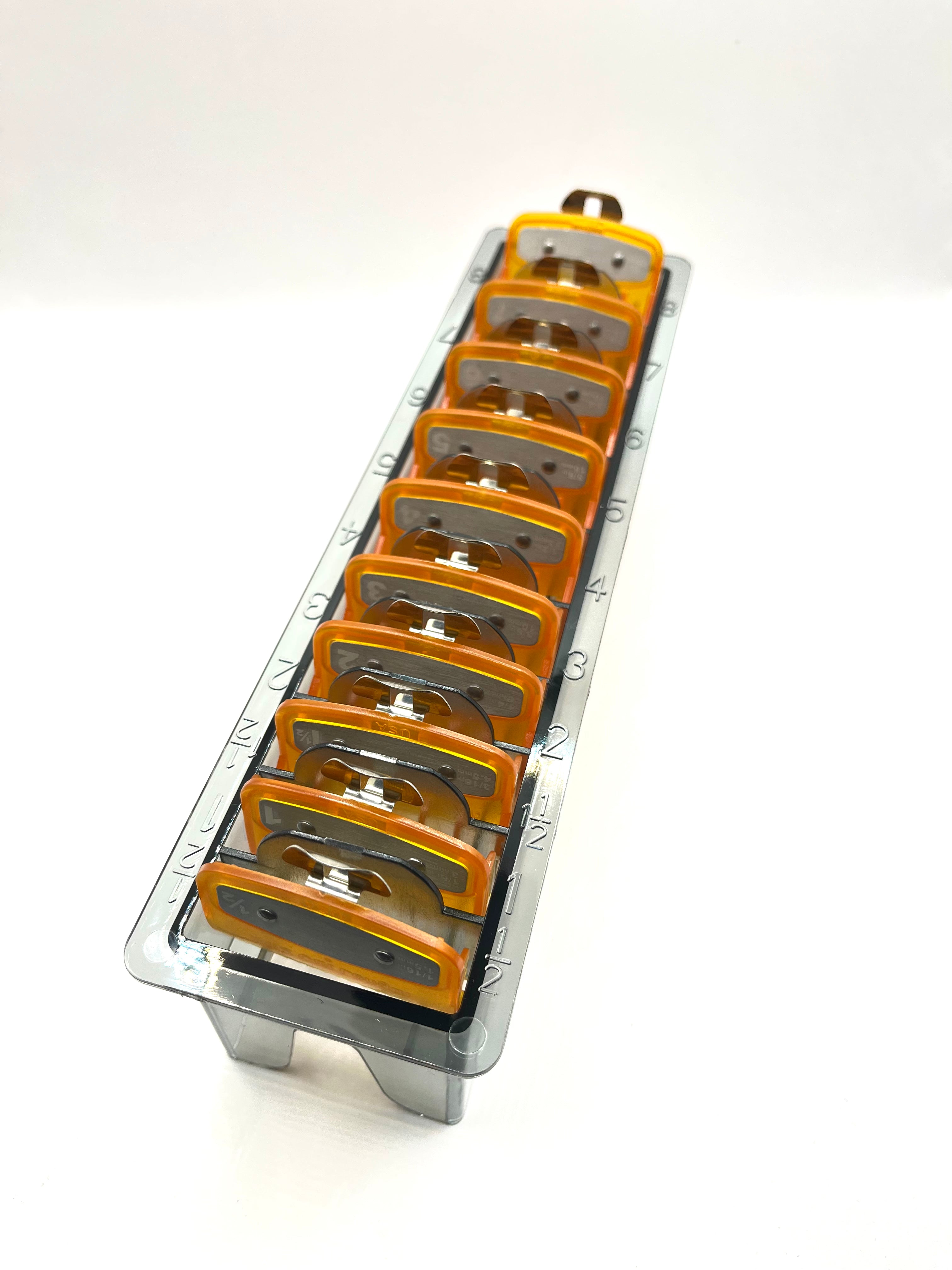 orange Clear Clipper premium guards set with metal clip – fits wahl and babyliss (1-8, 0.5, 1.5) Tray included