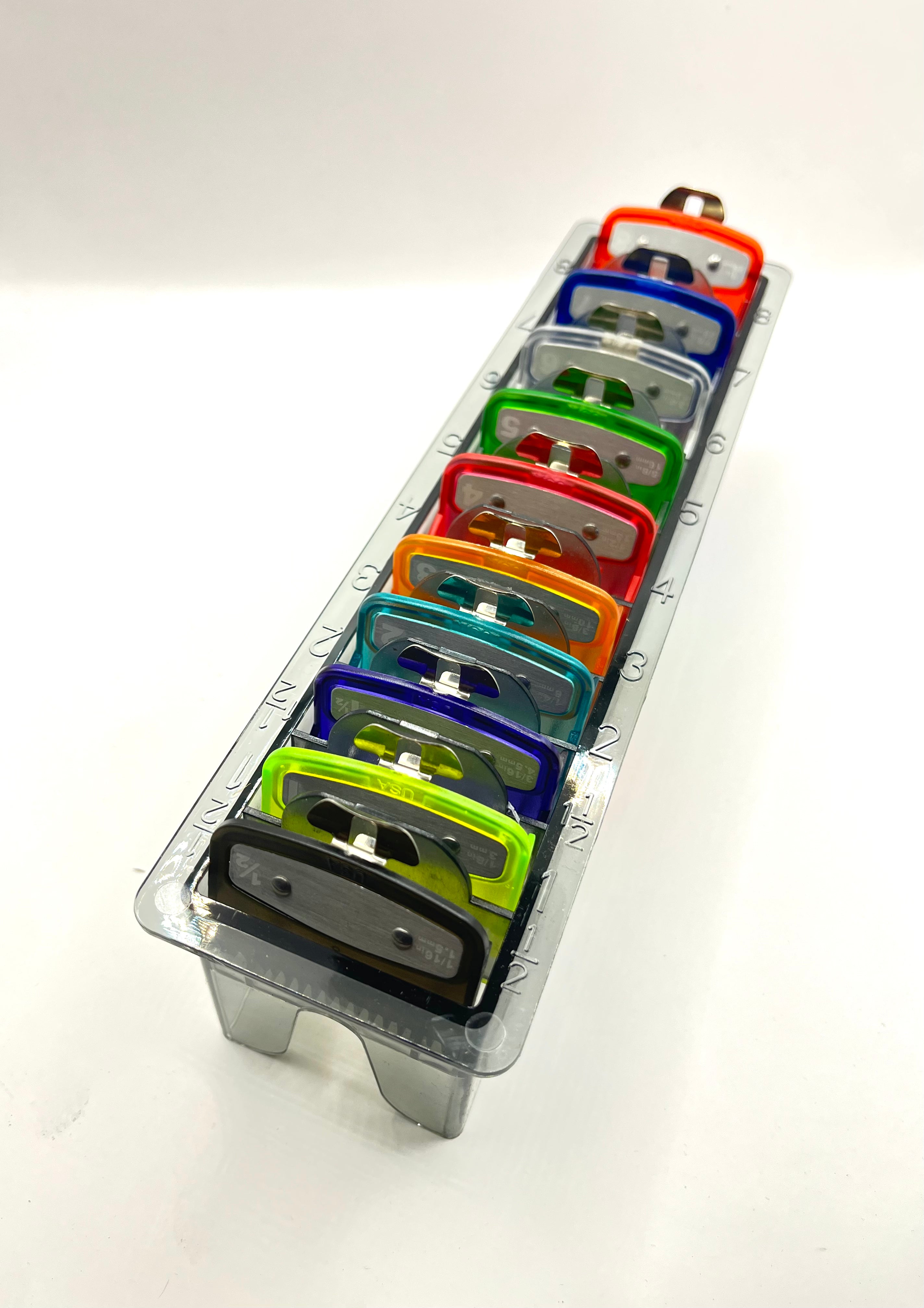 Colorful Clear Clipper guards set with metal clip -fits wahl and babyliss (1-8, 0.5, 1.5) Tray included