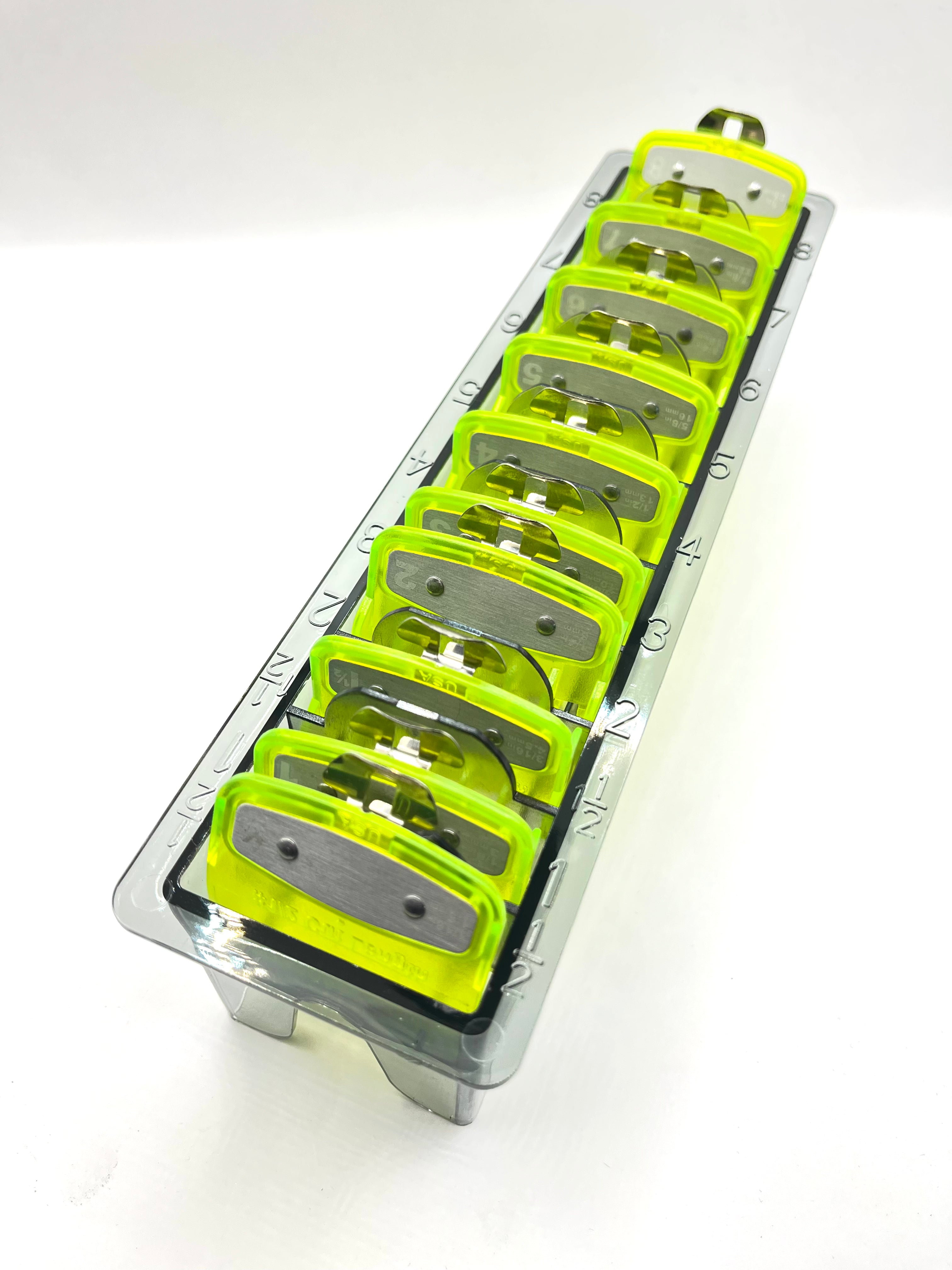 yellow Clear Clipper premium guards set with metal clip – fits wahl and babyliss (1-8, 0.5, 1.5) Tray included