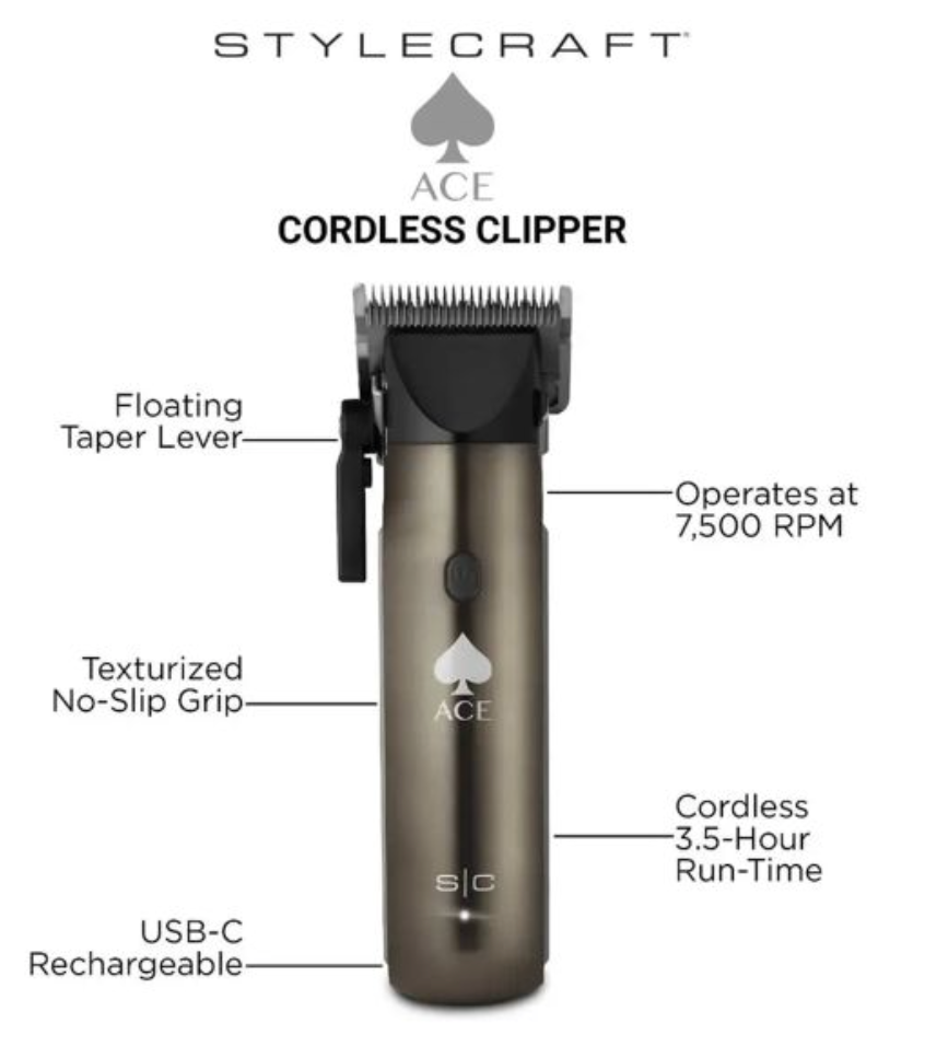 StyleCraft Ace Cordless Hair Clipper w/ Rotary Motor SC618GY