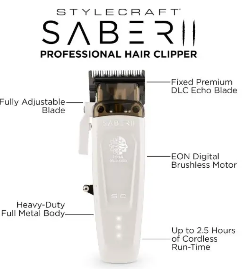 Stylecraft saber 2 professional hair clipper with eon digital brushless motor white – SC619W