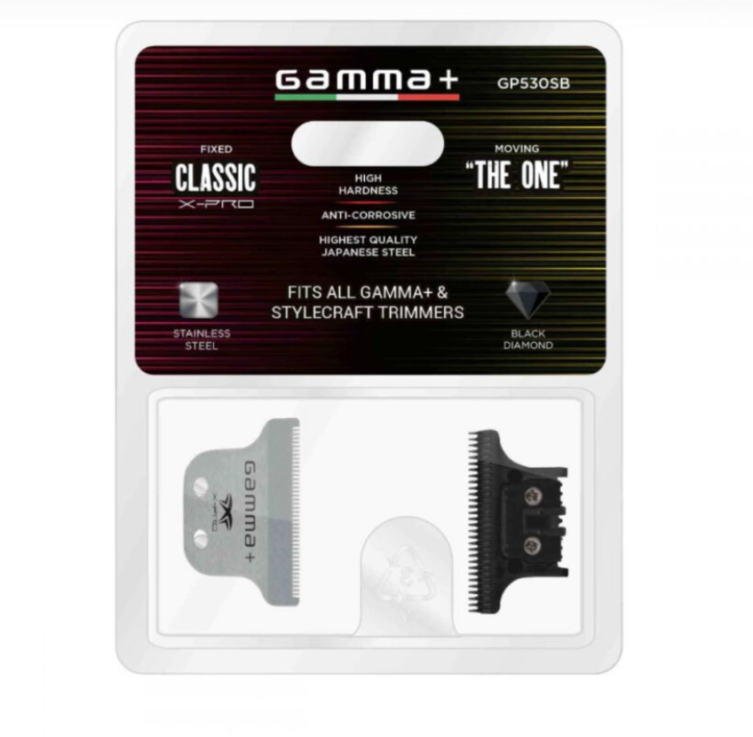 Gamma+ Fixed Classic Stainless Steel X-Pro Wide Hair Trimmer Blade with Black Diamond Carbon DLC – “The One Cutter Set” SC530SB
