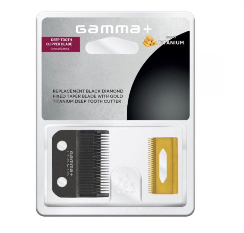 Gamma + italia REPLACEMENT FIXED BLACK DIAMOND CARBON DLC TAPER CLIPPER BLADE WITH GOLD MOVING TITANIUM DEEP TOOTH CUTTER SET #GPCRBTS