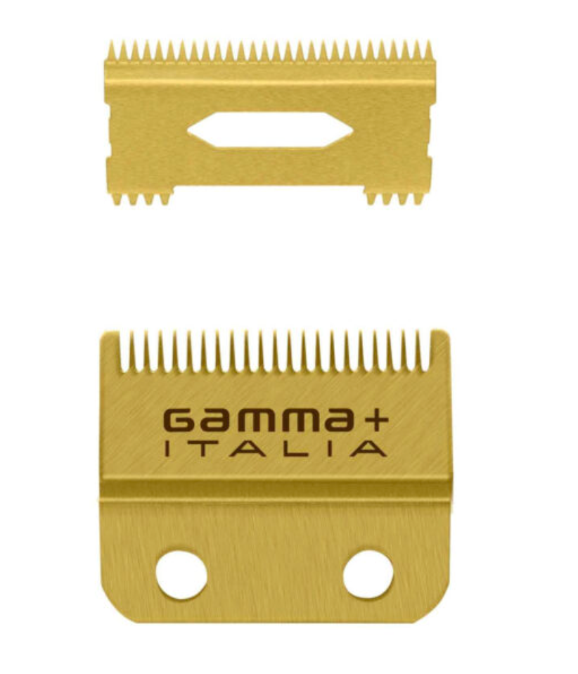 Gamma+ REPLACEMENT FIXED GOLD TITANIUM FADE CLIPPER BLADE WITH GOLD TITANIUM MOVING SLIM DEEP TOOTH CUTTER SET #GP521G