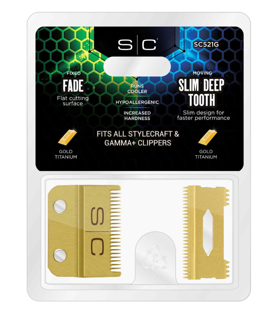 StyleCraft S|C REPLACEMENT FIXED GOLD TITANIUM FADE CLIPPER BLADE WITH GOLD TITANIUM MOVING SLIM DEEP TOOTH CUTTER SET #SC521G
