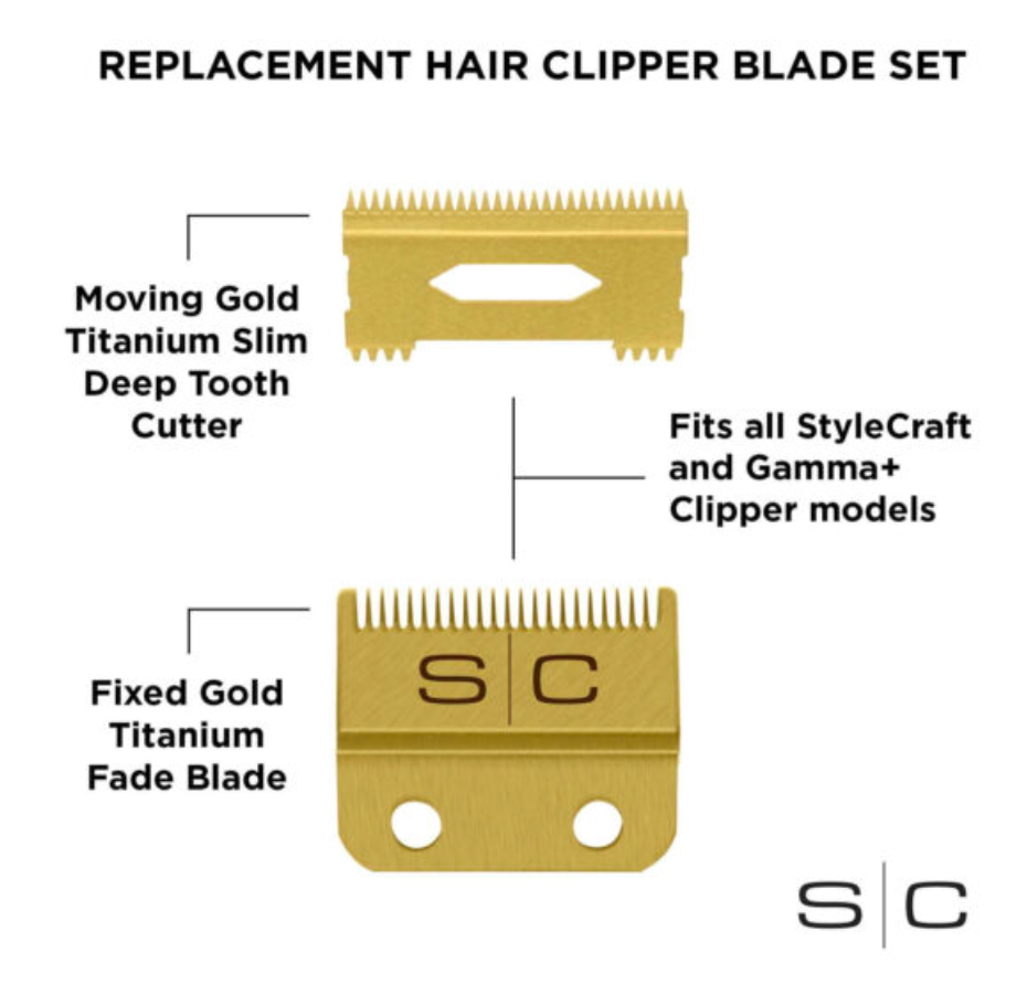 StyleCraft S|C REPLACEMENT FIXED GOLD TITANIUM FADE CLIPPER BLADE WITH GOLD TITANIUM MOVING SLIM DEEP TOOTH CUTTER SET #SC521G