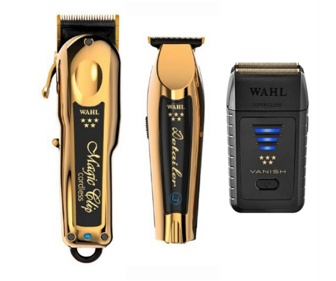 Wahl Pro 3pc Gold Limited Edition Combo – Gold Magic clip Cordless, Gold Detailer li Cordless, Black Vanish Shaver