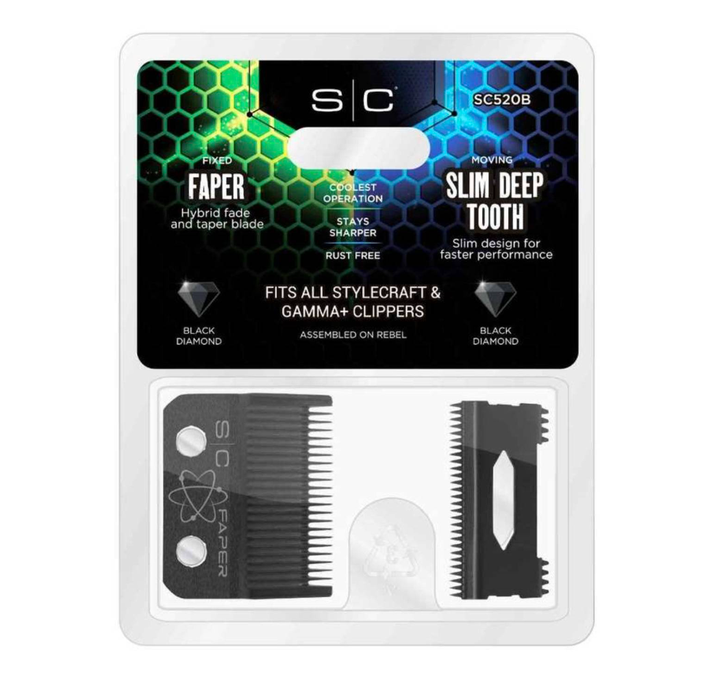 StyleCraft S|C Replacement Double Black Diamond Carbon DLC Fixed Fade Blade with Shallow Tooth Cutter 2.0 Clipper Blade Set #SC534B