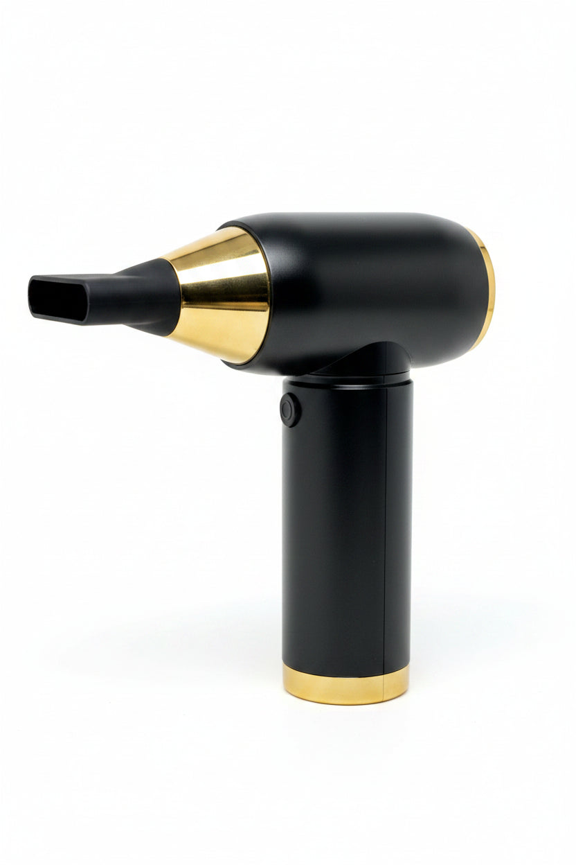 Electric cordless mini barber strong jet turbo fan air duster black/gold- with integrated vacuum cleaner accessory 