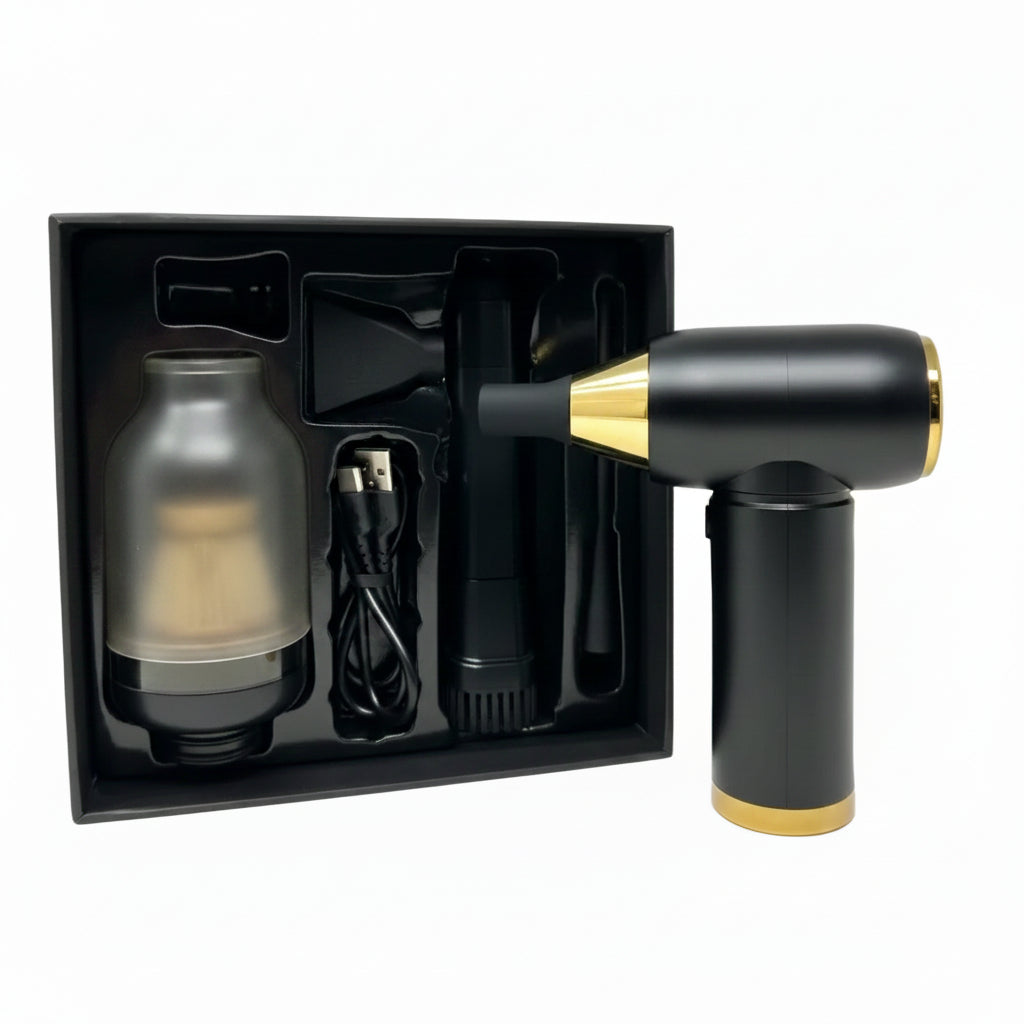 Crossgun electric cordless mini barber strong jet turbo fan air duster black/gold- with integrated vacuum cleaner accessory 