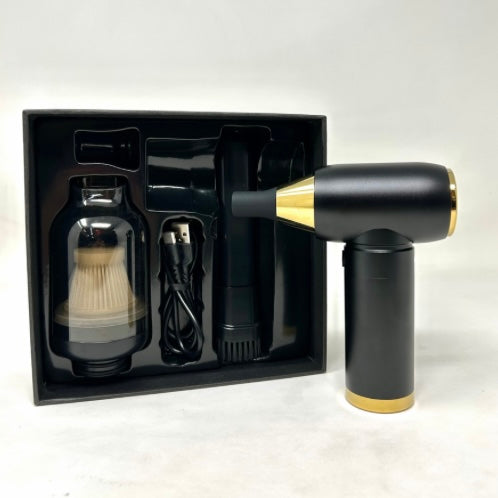 Crossgun electric cordless mini barber strong jet turbo fan air duster black/gold- with integrated vacuum cleaner accessory 