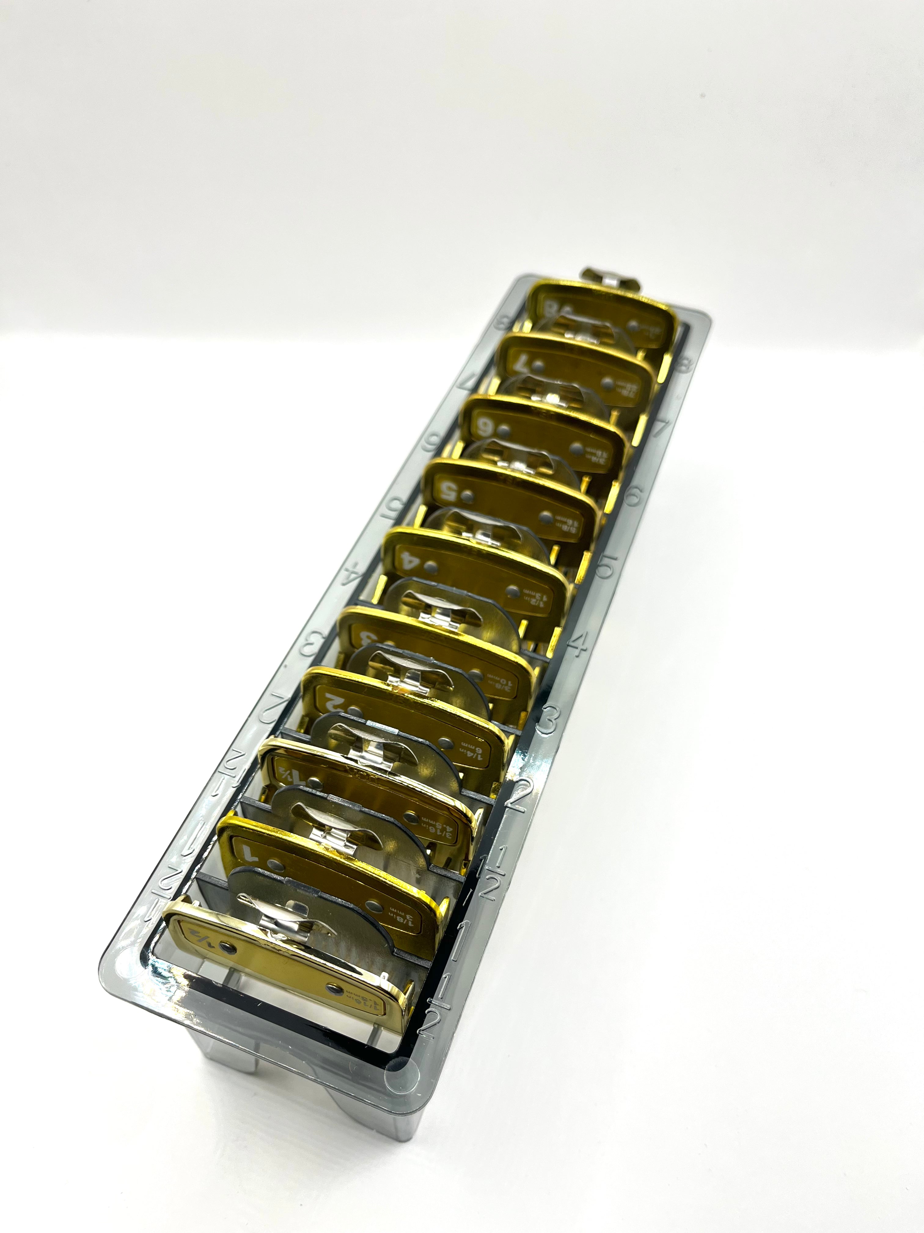Gold Clipper guard set with metal clip -  fits wahl and babyliss (1-8, 0.5, 1.5) Tray included
