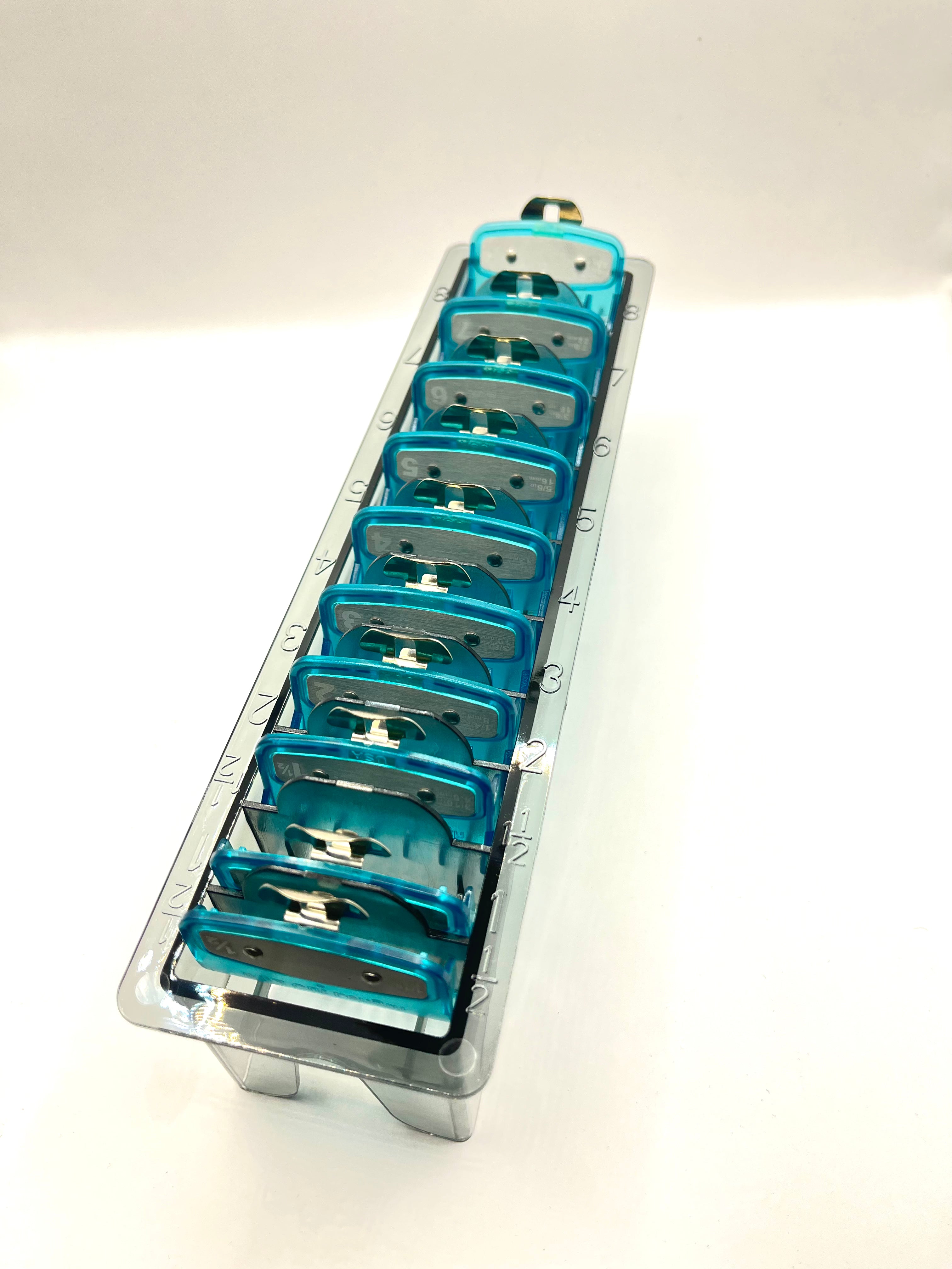 light blue Clear Clipper premium guards set with metal clip – fits wahl and babyliss (1-8, 0.5, 1.5) Tray inlcuded