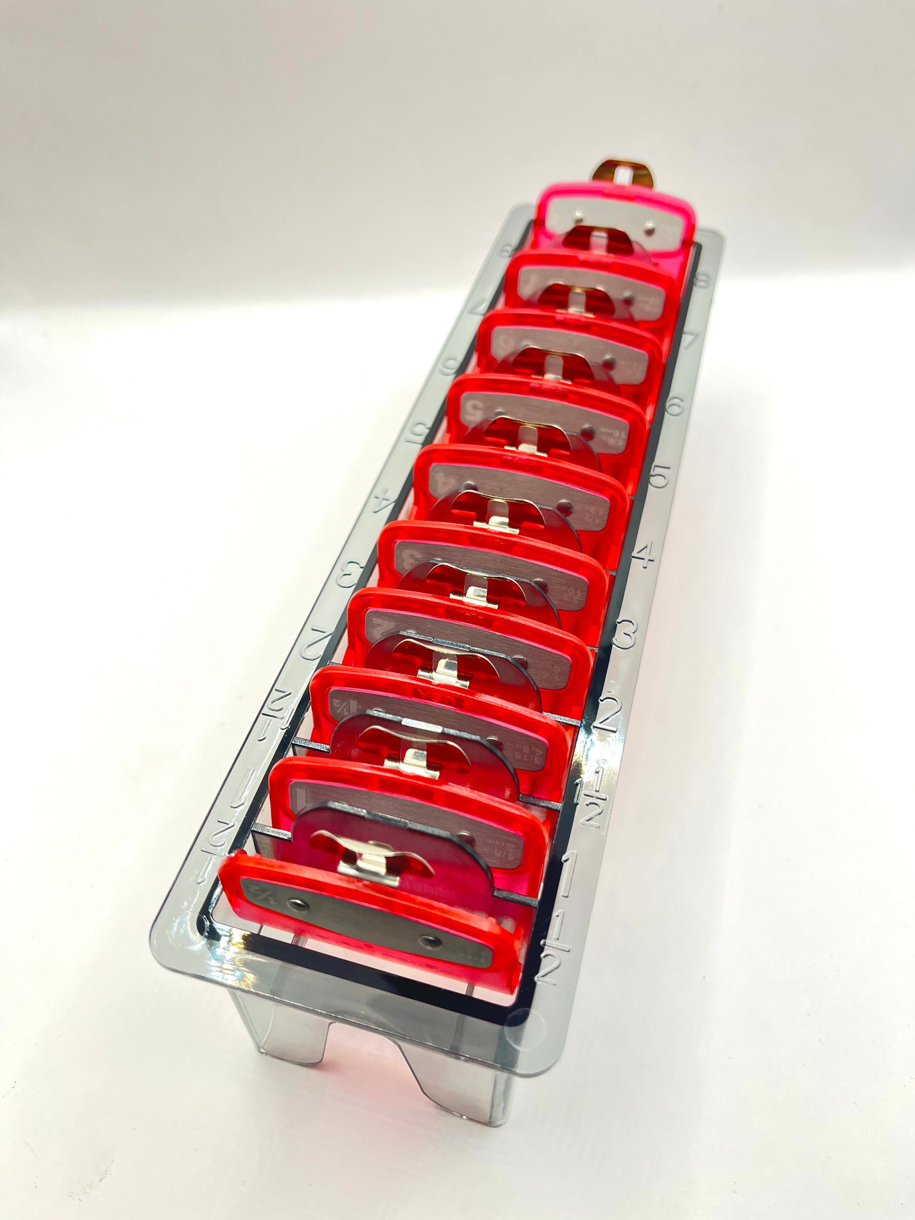 pink Clear Clipper premium guards set with metal clip – fits wahl and babyliss (1-8, 0.5, 1.5) Tray included