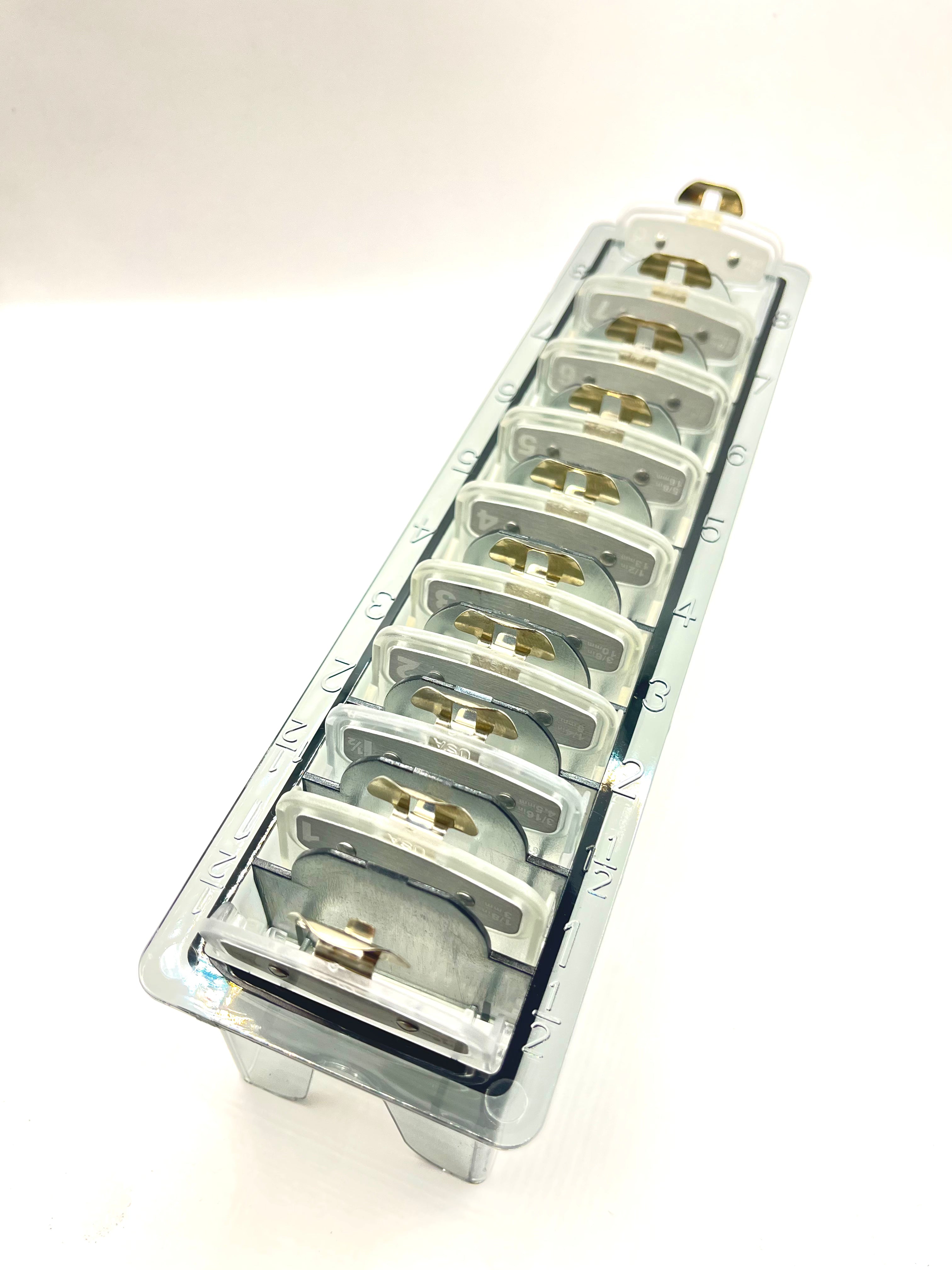 Clear Clipper premium guards set with metal clip – fits wahl and babyliss (1-8, 0.5, 1.5) Tray included