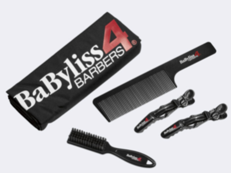 BABYLISSPRO BARBOLOGY ESSENTIAL BARBER KIT includes: cape, hair clips (2), fade brush, and 9” comb