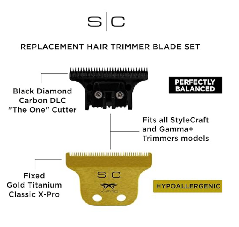 StyleCraft Replacement Fixed Gold Titanium Classic X-Pro Hair Trimmer Blade with Black Diamond Carbon DLC “The One Cutter Set” SC529GB