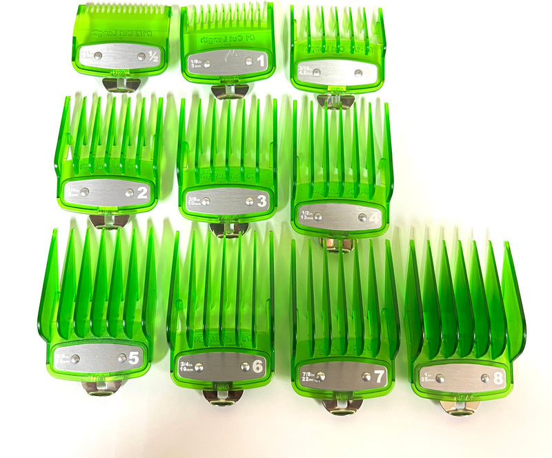 Green Clear Clipper premium guards set with metal clip – fits wahl and babyliss 1-8, 0.5, 1.5