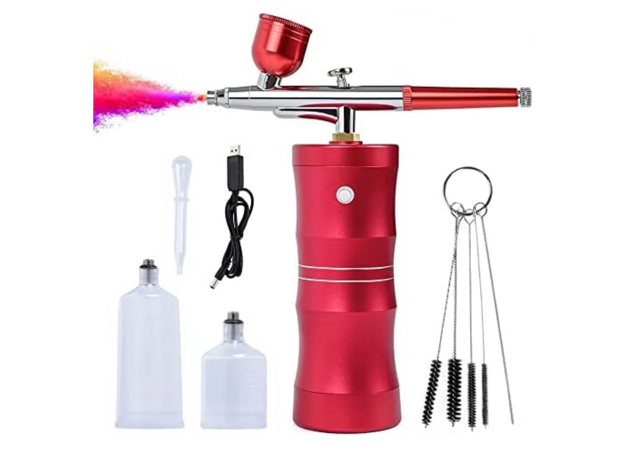 Cordless Airbrush System rigid body Compressor with additional Capacity Cups – red