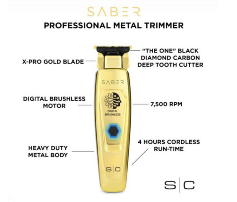 StyleCraft S|C SABER Professional Full Metal Body Digital Brushless Motor Cordless Trimmer – Gold