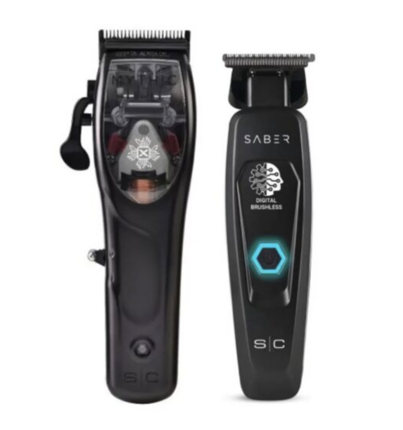 StyleCraft S|C Mythic & Saber Black Combo – Black Metal Body Cordless Clipper & Black Trimmer Duo