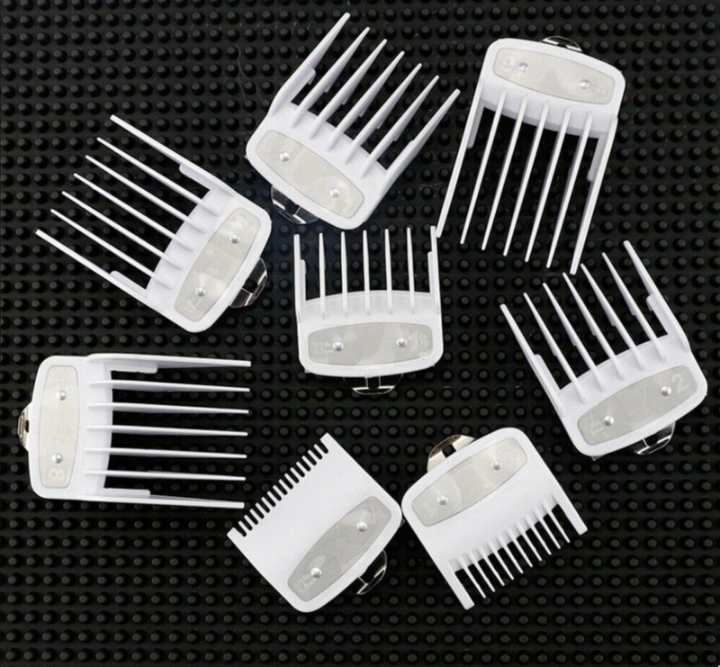 Solid White Clipper Premium Guards set with metal clip – fits wahl and babyliss 10pc = 1-8, 0.5, 1.5