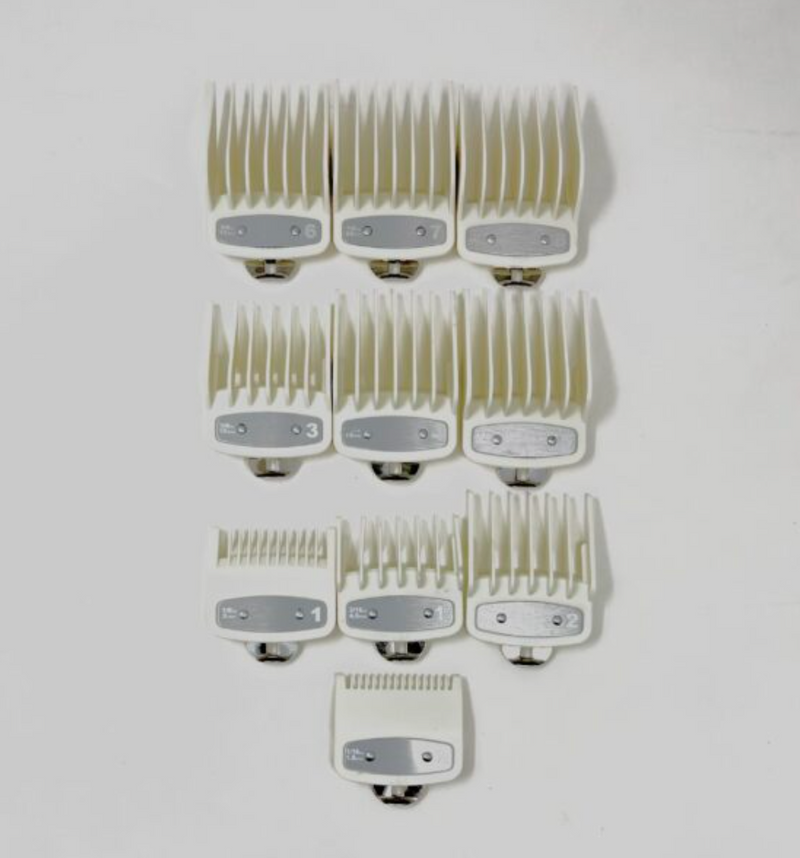 Solid White Clipper Premium Guards set with metal clip – fits wahl and babyliss 10pc = 1-8, 0.5, 1.5