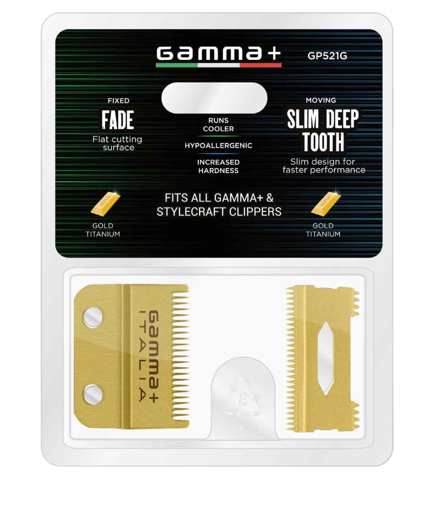 Gamma+ REPLACEMENT FIXED GOLD TITANIUM FADE CLIPPER BLADE WITH GOLD TITANIUM MOVING SLIM DEEP TOOTH CUTTER SET #GP521G