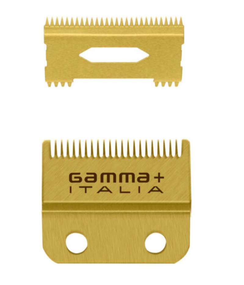 Gamma+ REPLACEMENT FIXED GOLD TITANIUM FADE CLIPPER BLADE WITH GOLD TITANIUM MOVING SLIM DEEP TOOTH CUTTER SET