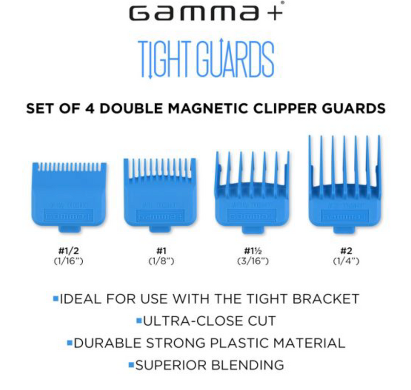 GAMMA+ DUB MAGNETIC TIGHT CLIPPER GUARDS 4-PACK CYAN BLUE