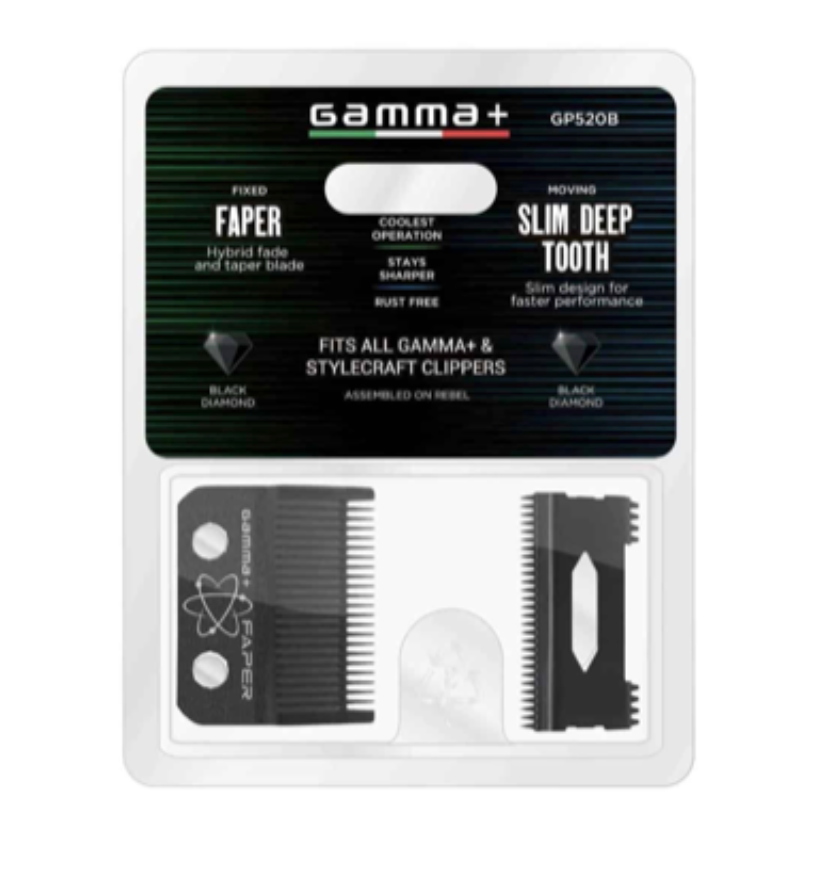 Gamma + REPLACEMENT FIXED BLACK FAPER CLIPPER BLADE WITH BLACK MOVING SLIM DEEP TOOTH CUTTER SET #GP520B